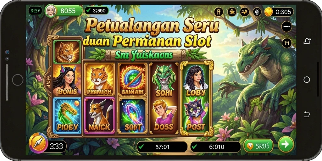 Screenshot gameplay 8055 yang menunjukkan pengalaman bermain slot yang mendebarkan.