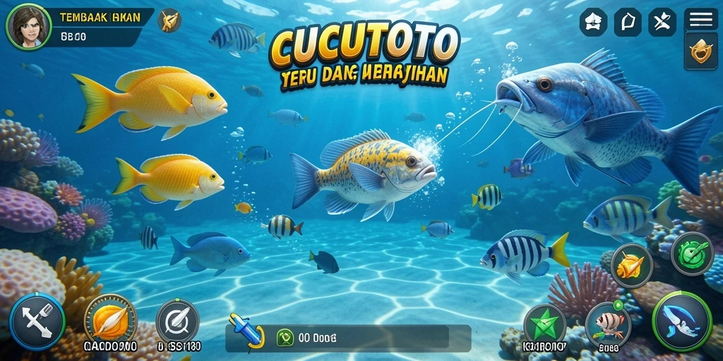 Tampilan gameplay CUCUTOTO yang seru saat menangkap ikan.