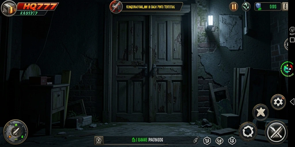 Screenshot gameplay HQ777 menampilkan kegelapan dan ketegangan yang menghantui.