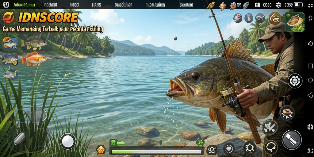 Screenshot gameplay IDNSCORE menampilkan aksi memancing yang seru.