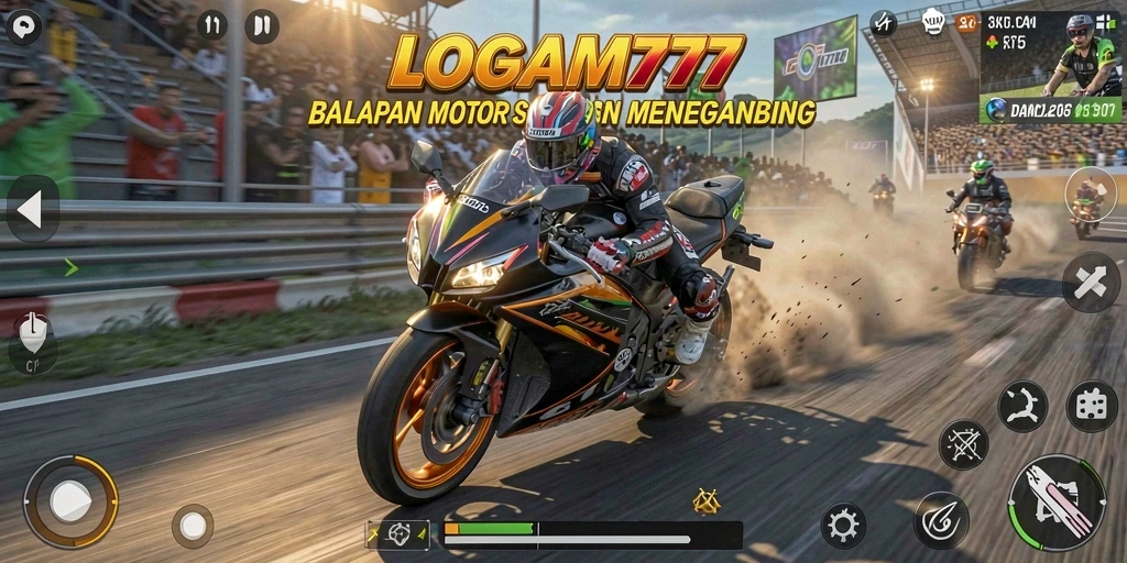 Tampilan gameplay seru LOGAM777 dengan motor balap cepat.