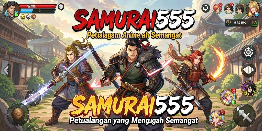 Screenshot gameplay SAMURAI555 menunjukkan pertarungan seru dengan karakter Anime.