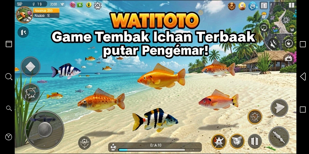 Tampilan gameplay seru WATITOTO dengan aksi menembak ikan yang dinamis.